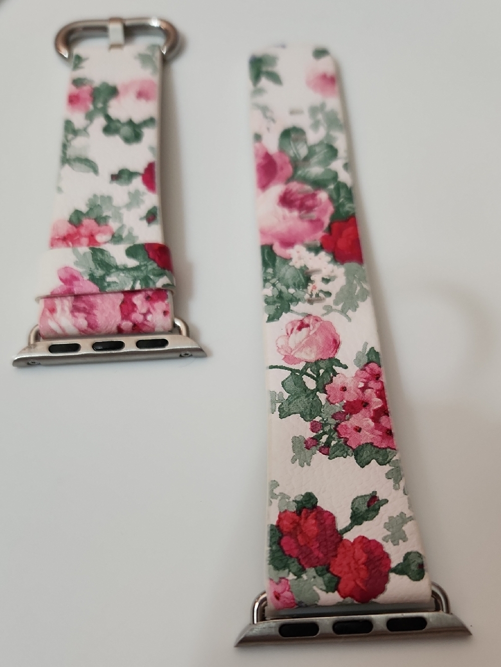 White Floral Leather Watch Band with Pink & Green Accents